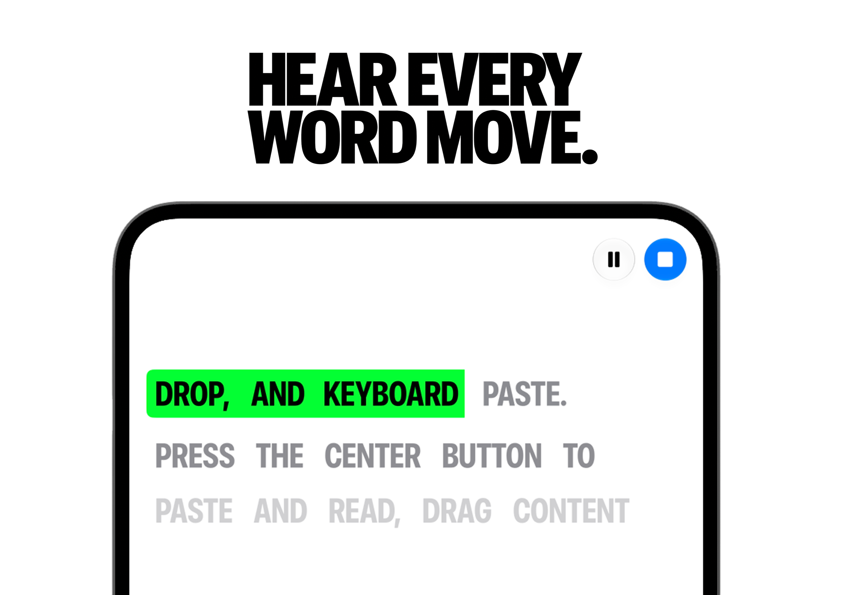 Spoken Content reading aloud with the current words highlighted in green, and pause and stop buttons. Headline: Hear every word move.